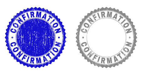 Grunge CONFIRMATION stamp seals isolated on a white background. Rosette seals with grunge texture in blue and gray colors. Vector rubber stamp imitation of CONFIRMATION title inside round rosette.