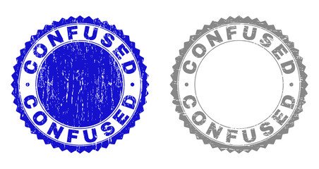 Grunge CONFUSED stamp seals isolated on a white background. Rosette seals with grunge texture in blue and grey colors. Vector rubber stamp imprint of CONFUSED caption inside round rosette.