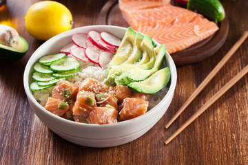 Poke bowl, traditional Hawaiian raw fish salad