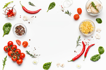 Colorful pizza ingredients on white background, top view - Powered by Adobe