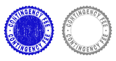 Grunge CONTINGENCY FEE stamp seals isolated on a white background. Rosette seals with grunge texture in blue and grey colors. Vector rubber stamp imprint of CONTINGENCY FEE text inside round rosette.