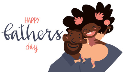 Happy Father Day - celebration card template with handwritten lettering and hand drawn illustration of father and daughter isolated on white.