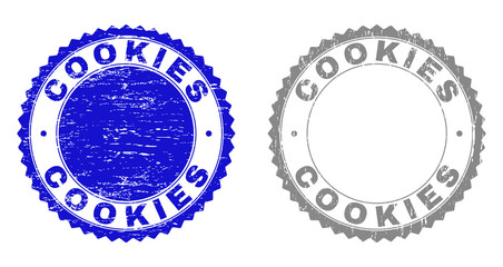 Grunge COOKIES stamp seals isolated on a white background. Rosette seals with grunge texture in blue and grey colors. Vector rubber stamp imprint of COOKIES title inside round rosette.