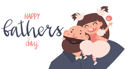 Happy Father Day - celebration card template with handwritten lettering and hand drawn illustration of father and daughter isolated on white.