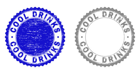 Grunge COOL DRINKS stamp seals isolated on a white background. Rosette seals with grunge texture in blue and gray colors. Vector rubber stamp imprint of COOL DRINKS tag inside round rosette.