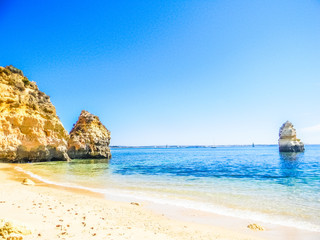 Rock formations in the beautiful beach of Praia Dona Ana, Lagos, Algarve, Portugal