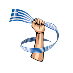 Greece flag and hand on white background. Vector illustration