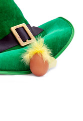 St Patrick's day costume hat leprechaun green white chicken egg green yellow feathers isoiated hair