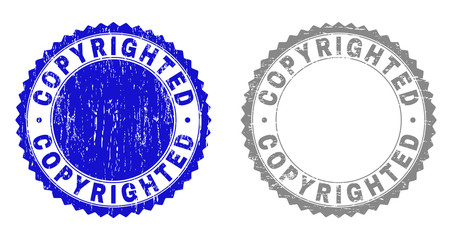 Grunge COPYRIGHTED stamp seals isolated on a white background. Rosette seals with grunge texture in blue and gray colors. Vector rubber stamp imprint of COPYRIGHTED label inside round rosette.