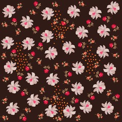 Fototapeta na wymiar Ditsy floral endless pattern. Tiny roses and small cosmos flowers, petals and leaves on dark brown background. Print for fabric.