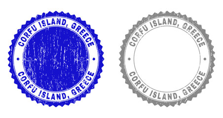 Grunge CORFU ISLAND, GREECE stamp seals isolated on a white background. Rosette seals with grunge texture in blue and grey colors. Vector rubber stamp imprint of CORFU ISLAND,