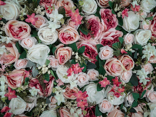 Close up of colorful artificial flowers wall background .Roses flower wallpaper backdrop.