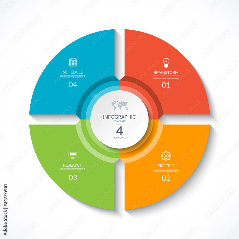 Wall mural Vector infographic circle. Cycle diagram with 4 stages. Round chart that can be used for report, business analytics, data visualization and presentation.