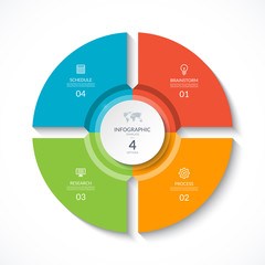 Vector infographic circle. Cycle diagram with 4 stages. Round chart that can be used for report, business analytics, data visualization and presentation.