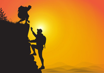 Silhouette of two people hiking climbing mountain and helping each other on golden sunrise background, helping hand and assistance concept vector illustration
