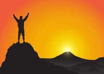 Silhouette of young man standing on top of the mountain with fists raised up on golden sunrise background, success, achievement,victory and winning concept vector illustration