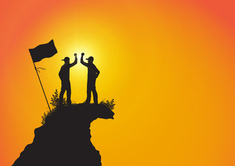 Silhouette of two young men standing on top of the mountain with fist raised up with flag on golden sunrise background, success, achievement and winning concept vector illustration