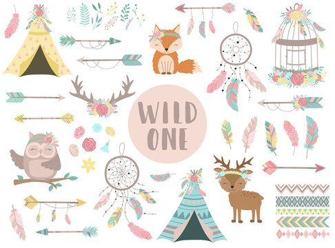 Ð¡ollection of hand-drawn boho style icons. The image of animals, arrows, feathers, flowers, wigwam, dreamcatcher. Vector by national american motifs for baby, cards, flyers, posters, prints, holiday