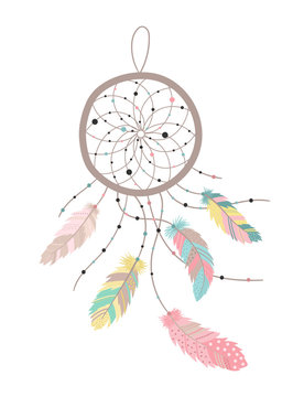 Vector image of a dreamcatcher in boho style with colorful feathers. Hand-drawn illustration by national American motifs for baby, cards, flyers, posters, prints, holiday, children, home, decor