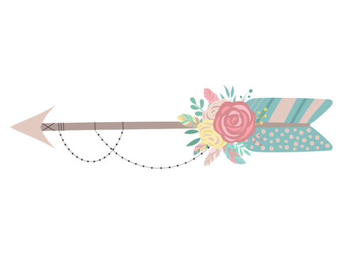Vector image of an isolated arrow in boho style with flowers, feathers and beads. Hand-drawn illustration by national American motifs for baby, cards, flyers, posters, prints, holiday, children, home