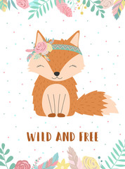 Ð¡ollection of hand-drawn boho fox with words Wild and Free. Illustration of polka-dots, flowers and feathers. Vector by national american motifs for baby, cards, flyers, posters, prints, holiday
