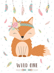 Ð¡ollection of hand-drawn boho cute fox with words Wild one. Background of feathers and polka dots. Vector by national american motifs for baby, cards, flyers, posters, prints, holiday