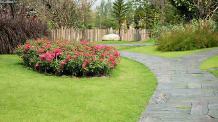 Green lawns and  artificial wood pathways in garden have flowers and trees growing