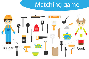 Profession matching game for children, connect things with need profession, preschool worksheet activity for kids, task for the development of logical thinking, vector illustration
