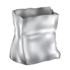 Open blank foil food snack bag on white background.