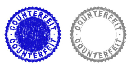 Obraz premium Grunge COUNTERFEIT stamp seals isolated on a white background. Rosette seals with grunge texture in blue and gray colors. Vector rubber stamp imprint of COUNTERFEIT text inside round rosette.