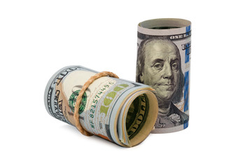 Close-up isolated rolled American US dollars banknotes on white background. Clipping path- Image