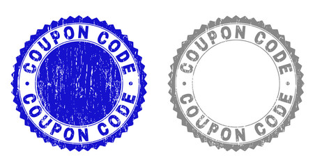 Obraz premium Grunge COUPON CODE stamp seals isolated on a white background. Rosette seals with grunge texture in blue and gray colors. Vector rubber watermark of COUPON CODE title inside round rosette.