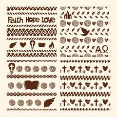 Vector set of hand drawn christian seamless pattern made with ink. Freehand textures for fabric, polygraphy, web design.