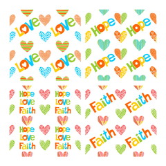 Vector set of hand drawn christian seamless pattern made with ink. Freehand textures for fabric, polygraphy, web design.