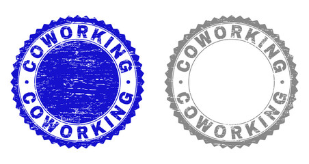 Grunge COWORKING stamp seals isolated on a white background. Rosette seals with grunge texture in blue and grey colors. Vector rubber stamp imitation of COWORKING title inside round rosette.