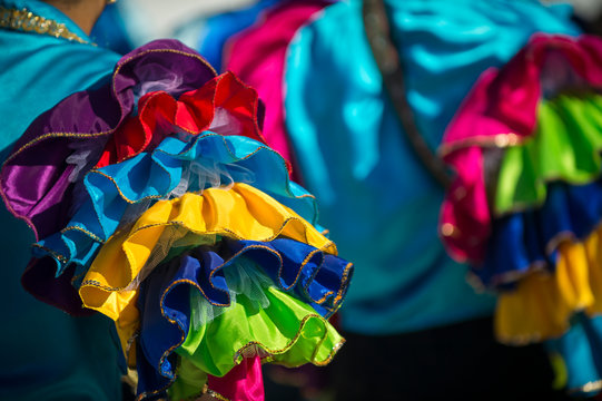 Detail Close-up Of The Colorful Ruffled Shoulders Of A Carnival Costume In Rio De Janeiro, Brazil