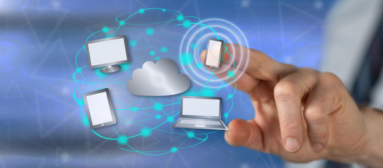 Man touching a cloud computing concept