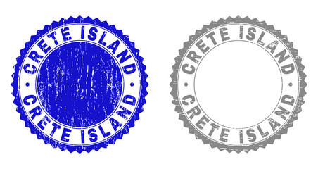 Grunge CRETE ISLAND stamp seals isolated on a white background. Rosette seals with grunge texture in blue and grey colors. Vector rubber overlay of CRETE ISLAND caption inside round rosette.
