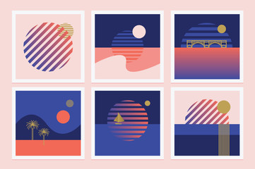 Set of retro illustrations in marine theme with rising sun