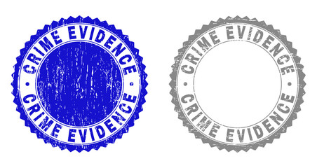 Grunge CRIME EVIDENCE stamp seals isolated on a white background. Rosette seals with grunge texture in blue and grey colors. Vector rubber stamp imitation of CRIME EVIDENCE text inside round rosette.