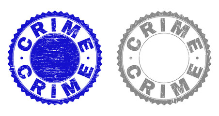 Grunge CRIME stamp seals isolated on a white background. Rosette seals with grunge texture in blue and grey colors. Vector rubber stamp imprint of CRIME text inside round rosette.