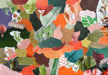 Collage moodboard in seventies style orange green colors made of recycling waste paper results in...
