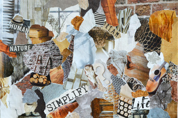 Collage mood board in natural colors made of waste recycle paper results in modern art background