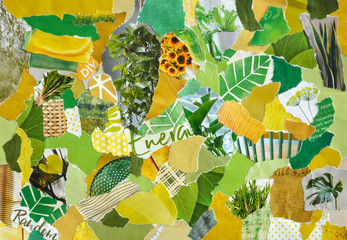 Collage mood board in organic green yellow colors with plants and flowers in retro style made of...