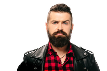 Obraz premium portrait of bearded man in black leather jacket isolated on white