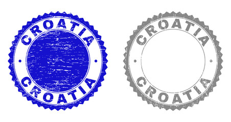 Grunge CROATIA stamp seals isolated on a white background. Rosette seals with grunge texture in blue and gray colors. Vector rubber stamp imitation of CROATIA tag inside round rosette.