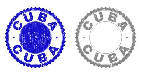 Grunge CUBA stamp seals isolated on a white background. Rosette seals with grunge texture in blue and gray colors. Vector rubber stamp imprint of CUBA title inside round rosette.