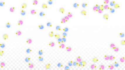 Vector Realistic Colorful Petals Falling on Transparent Background.  Spring Romantic Flowers Illustration. Flying Petals. Sakura Spa Design. Blossom Confetti. Design Elements for Wedding Decoration.