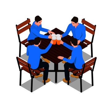 Four identical men clink glasses with beer. Men sit at a wooden table and drink beer.