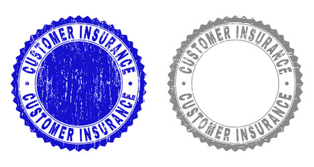 Grunge CUSTOMER INSURANCE stamp seals isolated on a white background. Rosette seals with grunge texture in blue and grey colors.